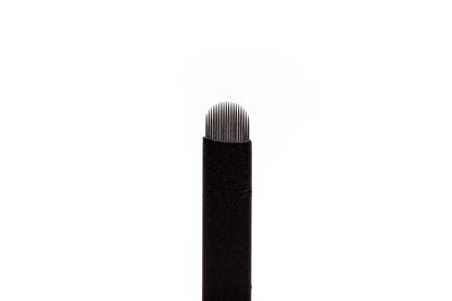 Pack of sterile, individually wrapped 0.18mm U-shape double-sharpened stainless steel microblading blades, designed for advanced technicians to create ultra-fine, curved hair strokes and precise touch-up treatments.