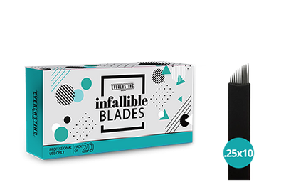 Pack of sterile, individually wrapped 0.25mm 10-pin double-sharpened stainless steel microblading blades, designed for imitating natural hair strokes on coarse hair across various brow shapes.