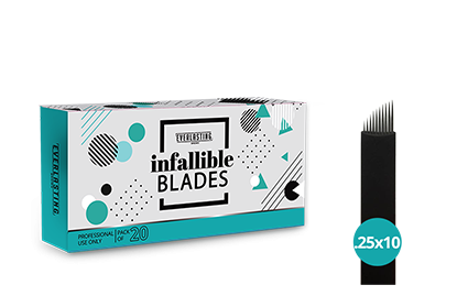 Pack of sterile, individually wrapped 0.25mm 10-pin double-sharpened stainless steel microblading blades, designed for imitating natural hair strokes on coarse hair across various brow shapes.