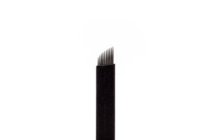 Pack of sterile, individually wrapped 0.25mm 10-pin double-sharpened stainless steel microblading blades, designed for imitating natural hair strokes on coarse hair across various brow shapes.