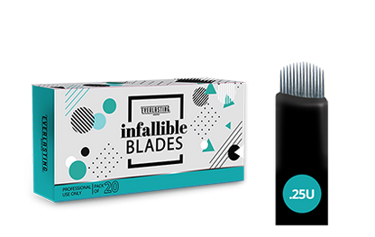 Pack of sterile, individually wrapped 0.25mm stainless steel microblading blades, designed for creating precise hair strokes on coarse natural eyebrow hair.