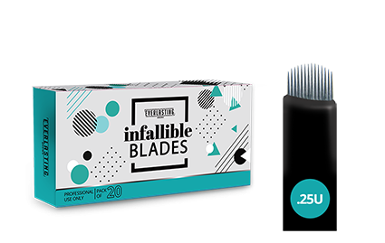 Pack of sterile, individually wrapped 0.25mm stainless steel microblading blades, designed for creating precise hair strokes on coarse natural eyebrow hair.