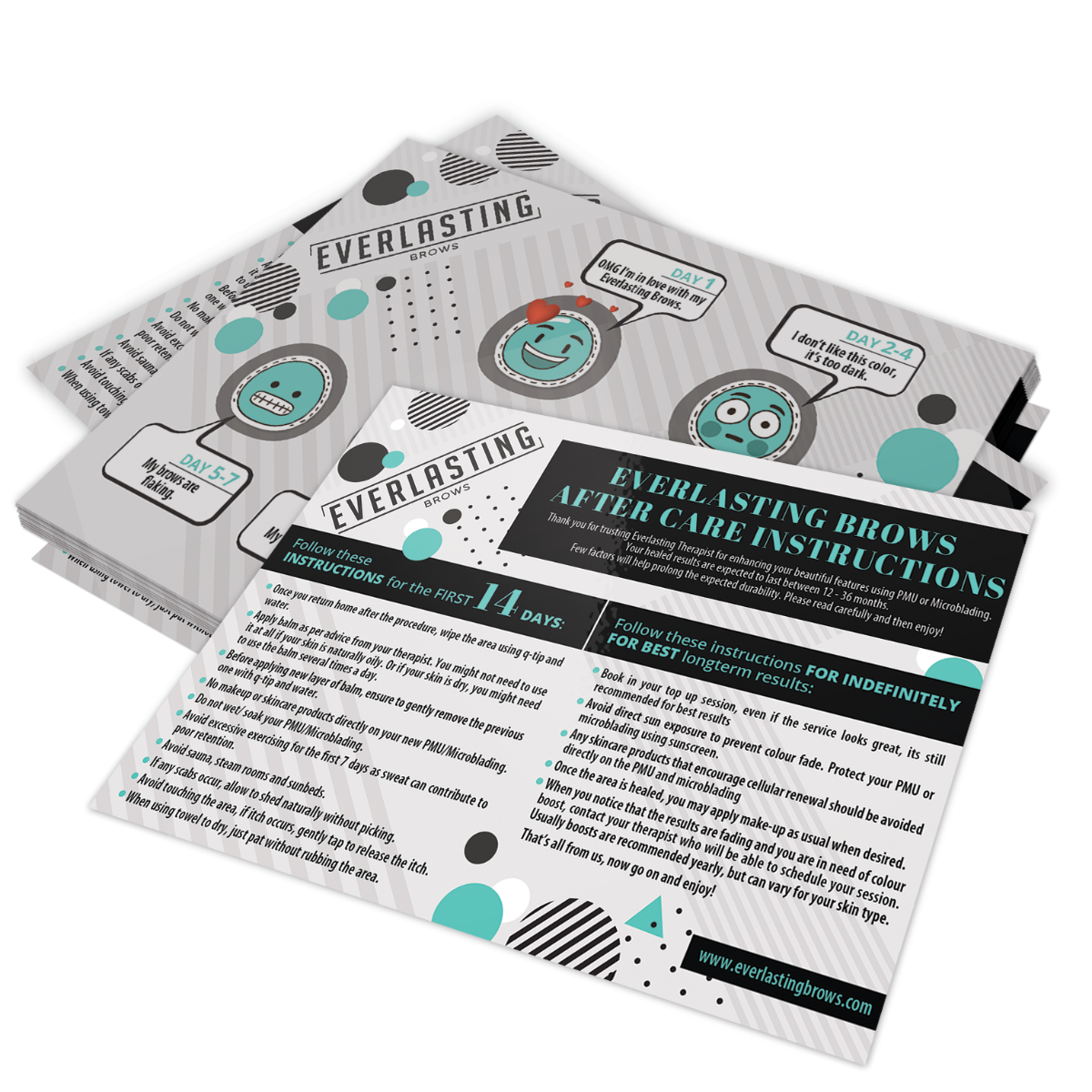 Pack of 50 durable, premium cardstock aftercare leaflets providing clients with essential healing instructions and post-procedure tips for long-lasting microblading and brow treatment results.