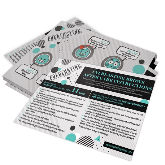 Pack of 50 durable, premium cardstock aftercare leaflets providing clients with essential healing instructions and post-procedure tips for long-lasting microblading and brow treatment results.