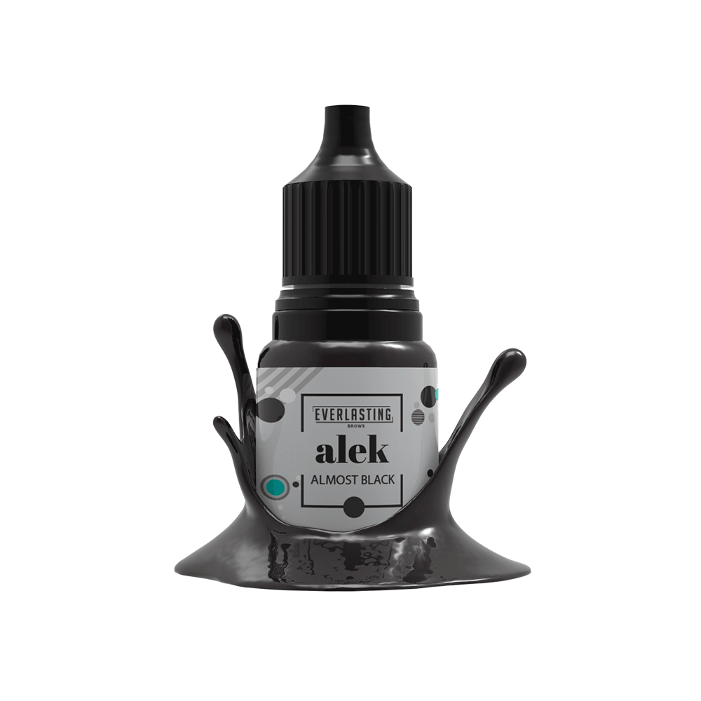 10ml bottle of Everlasting Brows Alek pigment, an ultra-dark near-black shade suitable for deep eyebrow and eyeliner PMU procedures.