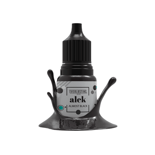 10ml bottle of Everlasting Brows Alek pigment, an ultra-dark near-black shade suitable for deep eyebrow and eyeliner PMU procedures.
