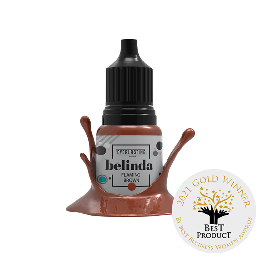 10ml bottle of Everlasting Brows Belinda eyebrow pigment, a warm flaming brown shade ideal for color correction, warming other shades, or standalone PMU and microblading procedures.