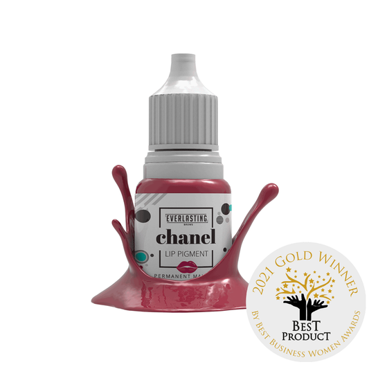10ml bottle of Everlasting Brows Chanel lip pigment, an intense pink shade designed for lip contouring, full-lip coverage, and aquarelle lip PMU procedures.