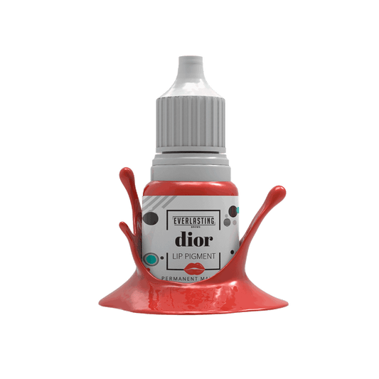 10ml bottle of Everlasting Brows Dior lip pigment, a vibrant orange-red shade with warm undertones designed for correcting purple or dull lips and achieving bold lip blush PMU procedures.