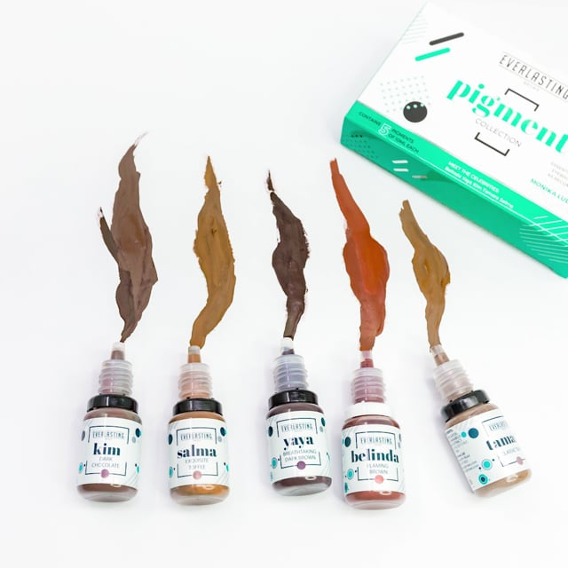 Complete set of 5 highly concentrated Everlasting Brows eyebrow pigments including Yaya (Dark Brown), Kim (Chocolate), Belinda (True Brown), Tamara (Classic Taupe), and Salma (Toffee).
