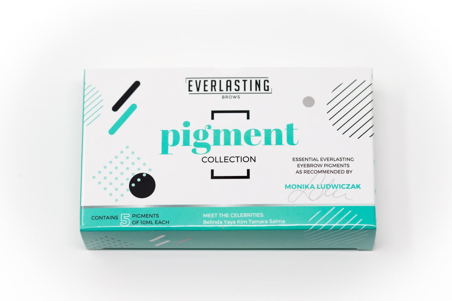 Complete set of 5 highly concentrated Everlasting Brows eyebrow pigments including Yaya (Dark Brown), Kim (Chocolate), Belinda (True Brown), Tamara (Classic Taupe), and Salma (Toffee).