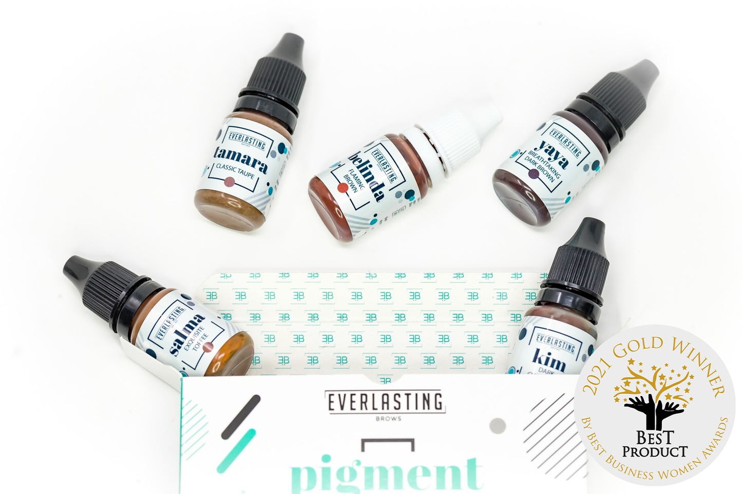 Complete set of 5 highly concentrated Everlasting Brows eyebrow pigments including Yaya (Dark Brown), Kim (Chocolate), Belinda (True Brown), Tamara (Classic Taupe), and Salma (Toffee).