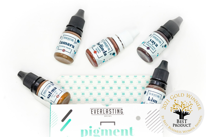 Complete set of 5 highly concentrated Everlasting Brows eyebrow pigments including Yaya (Dark Brown), Kim (Chocolate), Belinda (True Brown), Tamara (Classic Taupe), and Salma (Toffee).