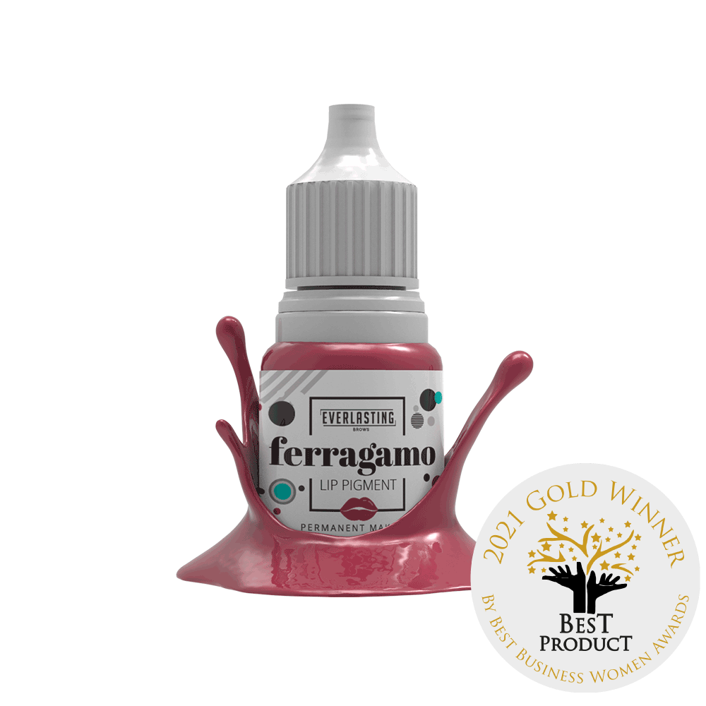 10ml bottle of Everlasting Brows Ferragamo lip pigment, a medium pink shade ideal for lip contouring, shading, and classic pink permanent makeup procedures.