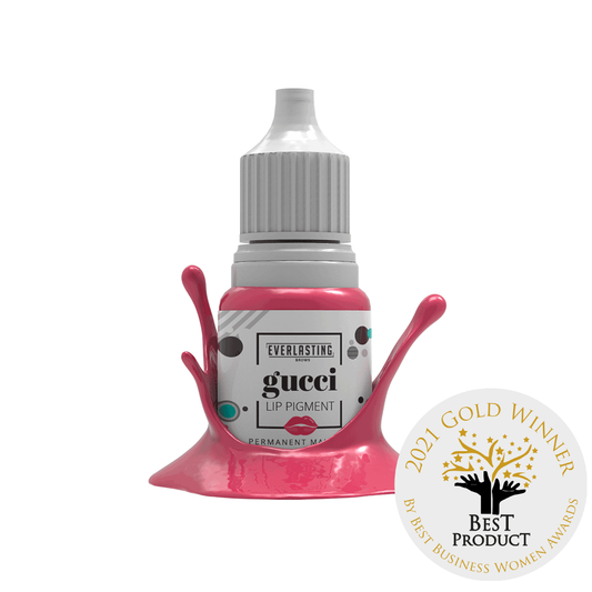 10ml bottle of Everlasting Brows Gucci lip pigment, a vibrant electric pink shade designed for brightening lip tones and achieving bold pink permanent makeup results via machine or manual application.