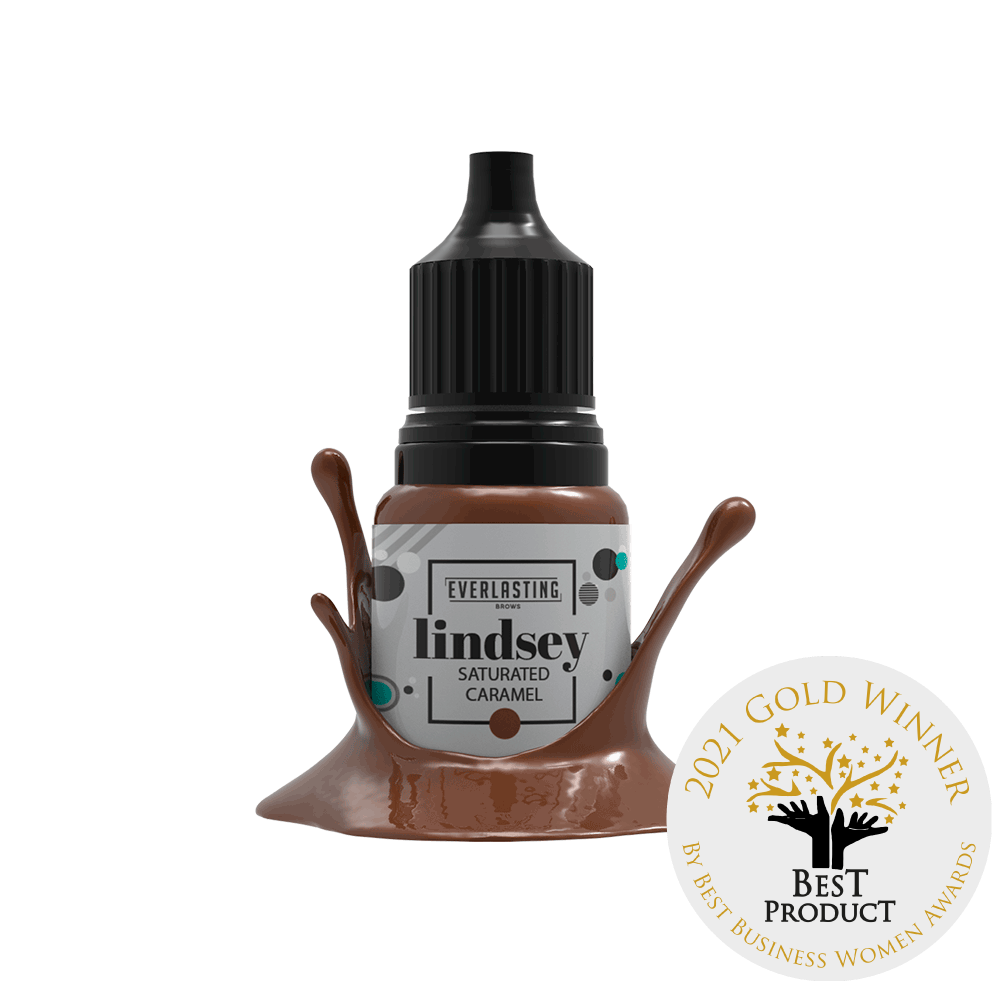 10ml bottle of Everlasting Brows Lindsey eyebrow pigment, a saturated caramel neutral brown shade suitable for PMU and microblading procedures.