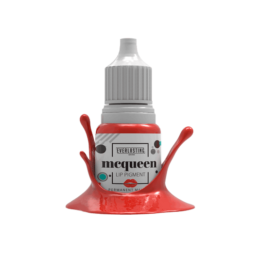 10ml bottle of Everlasting Brows McQueen lip pigment, a royal red shade designed for full-lip shading, contouring, and creating bold, classic red lip blush PMU procedures.