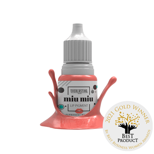 10ml bottle of Everlasting Brows Miu Miu lip pigment, a vibrant peachy shade with warm orange undertones designed to brighten dull lips and enhance lip blush PMU procedures.