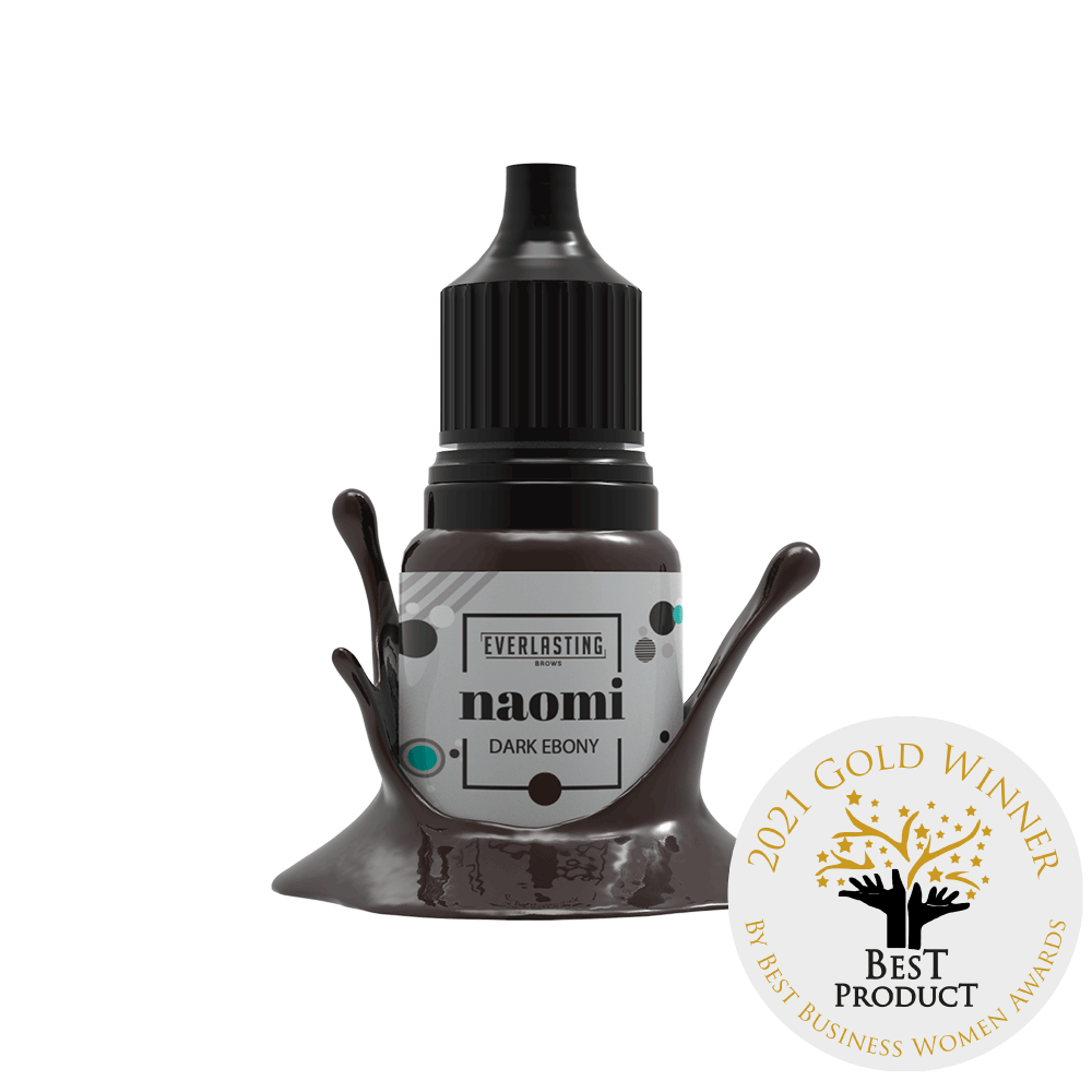 10ml bottle of Everlasting Brows Naomi eyebrow pigment, a luxuriously dark cool brown shade suitable for PMU and microblading procedures.
