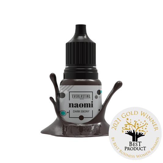 10ml bottle of Everlasting Brows Naomi eyebrow pigment, a luxuriously dark cool brown shade suitable for PMU and microblading procedures.