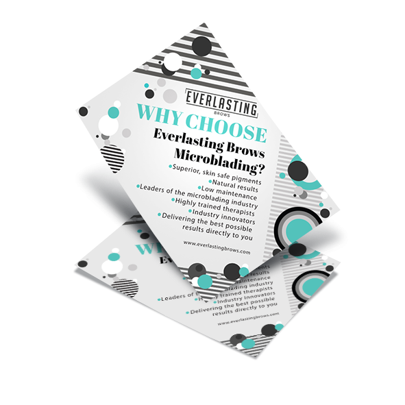 Pack of 50 promotional marketing flyers highlighting the benefits of Everlasting Brows treatments, featuring a plain back side for customizing with individual salon contact details.