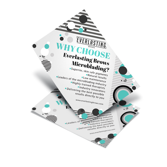 Pack of 50 promotional marketing flyers highlighting the benefits of Everlasting Brows treatments, featuring a plain back side for customizing with individual salon contact details.