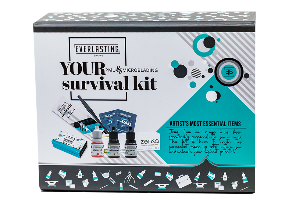 Starter sample kit including 5 disposable tools, 20 microblading blades, eyebrow and lip pigments, Zensa numbing cream, measuring tapes, predraw pencils, shavers, concealer, and prep wipes.