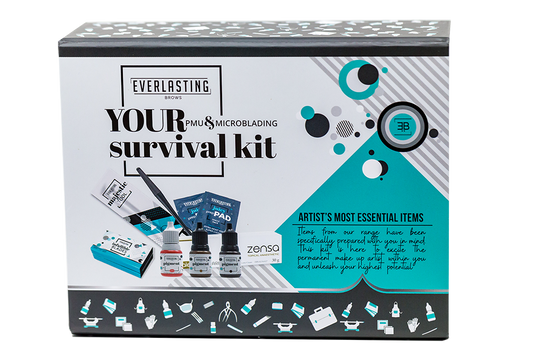 Starter sample kit including 5 disposable tools, 20 microblading blades, eyebrow and lip pigments, Zensa numbing cream, measuring tapes, predraw pencils, shavers, concealer, and prep wipes.