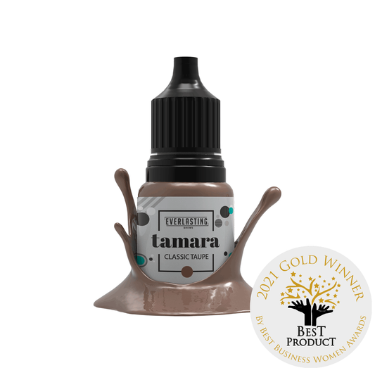 10ml bottle of Everlasting Brows Tamara eyebrow pigment, a classic taupe neutral brown shade suitable for PMU and microblading procedures.