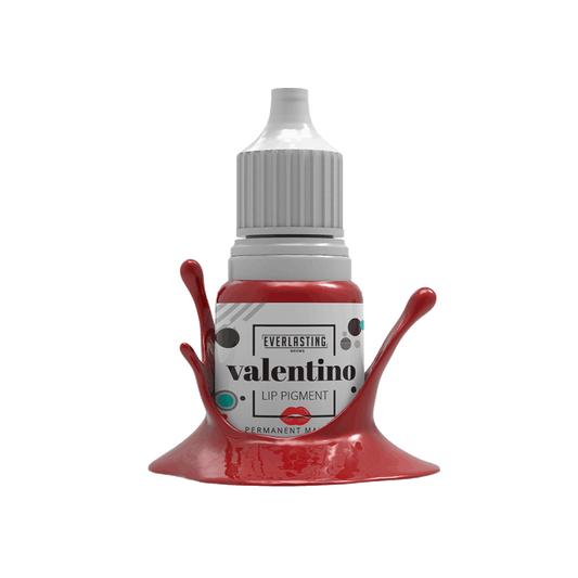 10ml bottle of Everlasting Brows Valentino lip pigment, a classic red shade with warm orange undertones suitable for lip blush PMU, correcting cool tones, and concealing border imperfections.