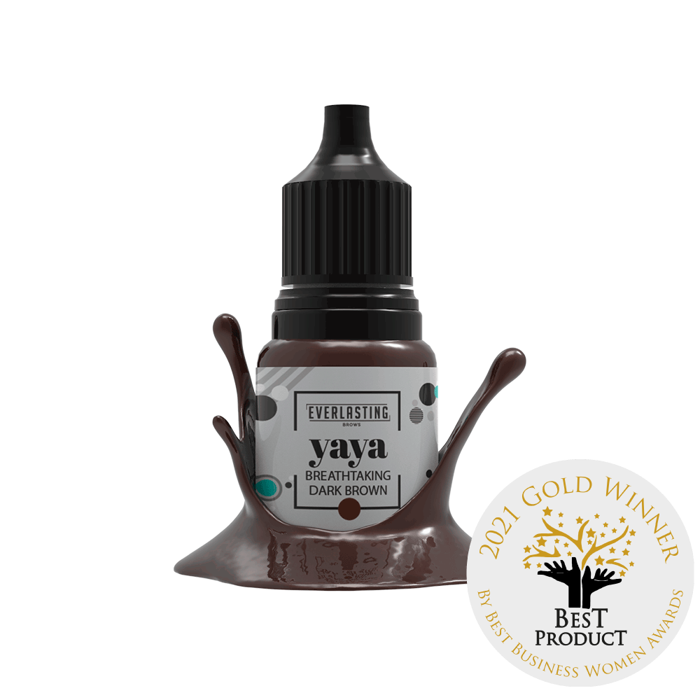 10ml bottle of Everlasting Brows YAYA eyebrow pigment, an intensely sultry warm dark brown shade suitable for PMU and microblading procedures.