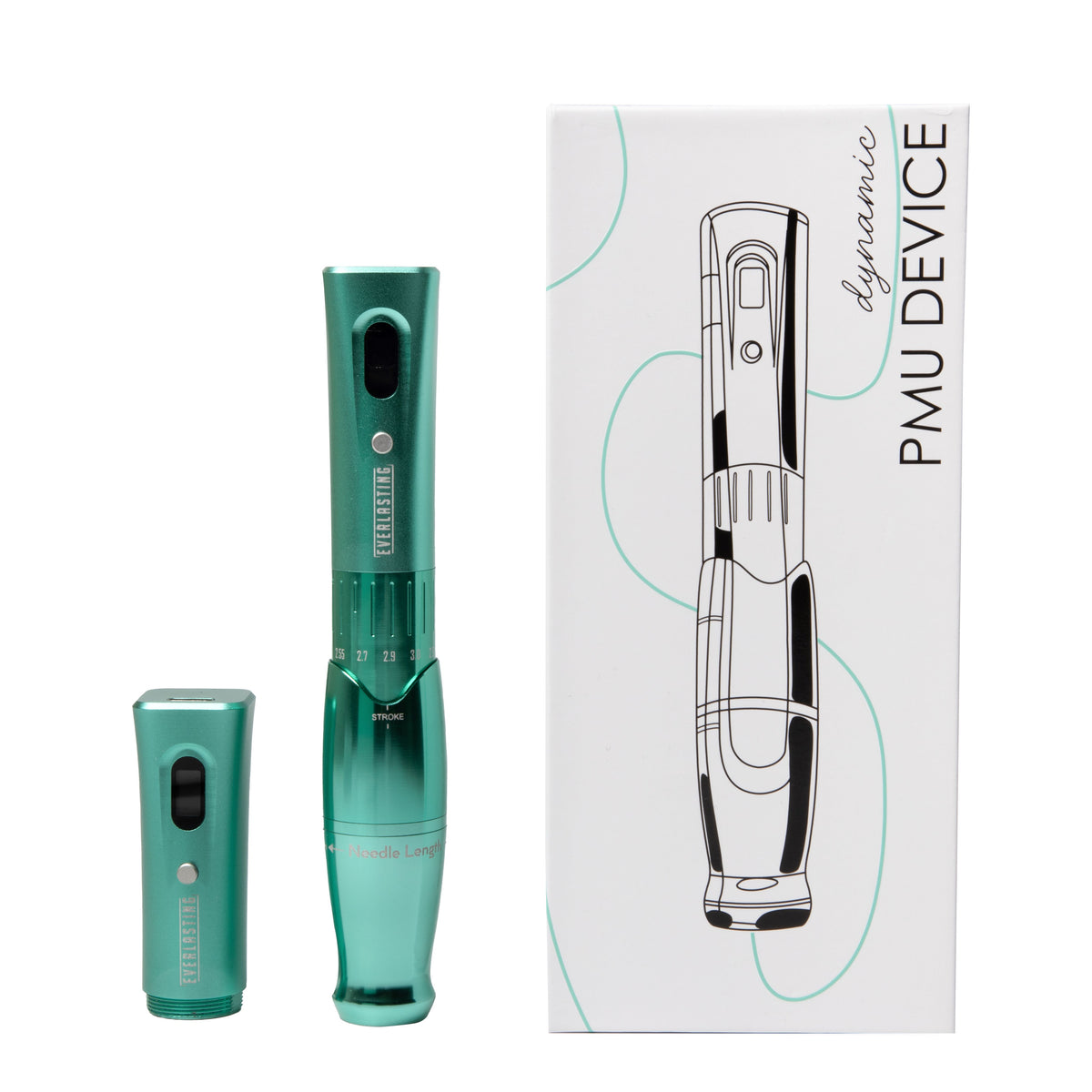 Everlasting Dynamic wireless permanent makeup device with adjustable stroke and extra battery pack, designed for lip blush, eyeliner, ombré brows, and nano strokes.