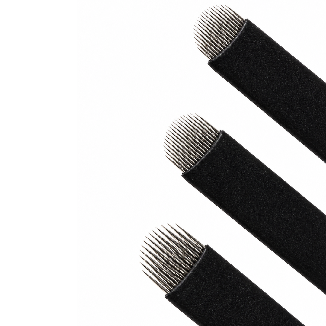 Assortment of 20 individually wrapped, sterile U-shaped microblading blades in varying thicknesses displayed together in a sampler pack.
