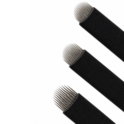 Assortment of 20 individually wrapped, sterile U-shaped microblading blades in varying thicknesses displayed together in a sampler pack.