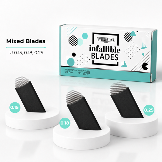 Assortment of 20 individually wrapped, sterile U-shaped microblading blades in varying thicknesses displayed together in a sampler pack.