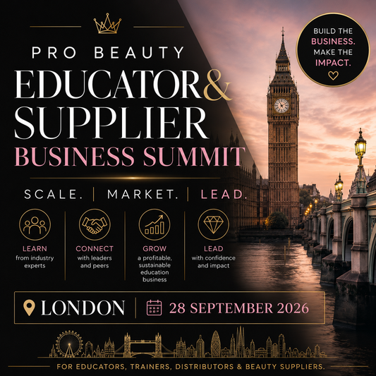 Promotional event graphic for a beauty educators and suppliers business summit at 44 Hallam Street, London, featuring workshops on content creation, marketing, and personal branding.