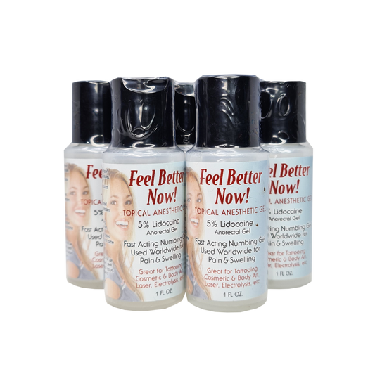 5-pack bundle of Feel Better 30ml secondary numbing gel, formulated for rapid in-procedure soothing relief and discomfort reduction during permanent makeup, microblading, and tattoo treatments.