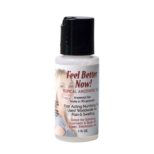 A 30ml bottle of Feel Better Procedure Numbing Gel positioned neatly against a clean, professional clinical backdrop.