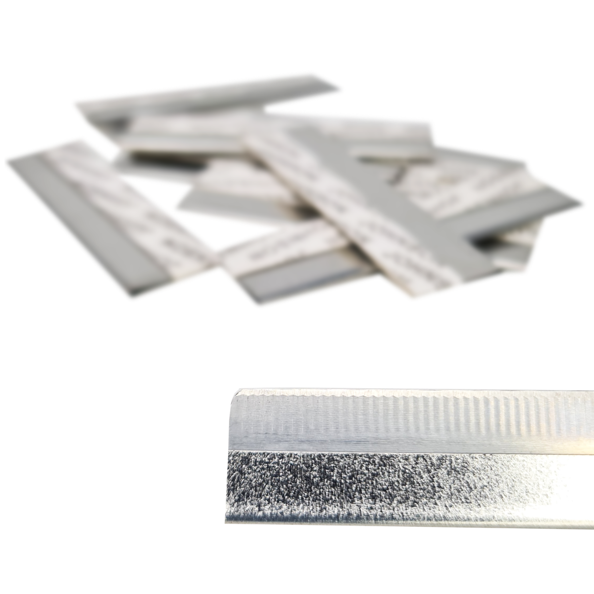 Flat eyebrow mapping pencil sharpening razors used to shave pre-draw brow pencils into a razor-thin, flat edge for precise brow mapping.