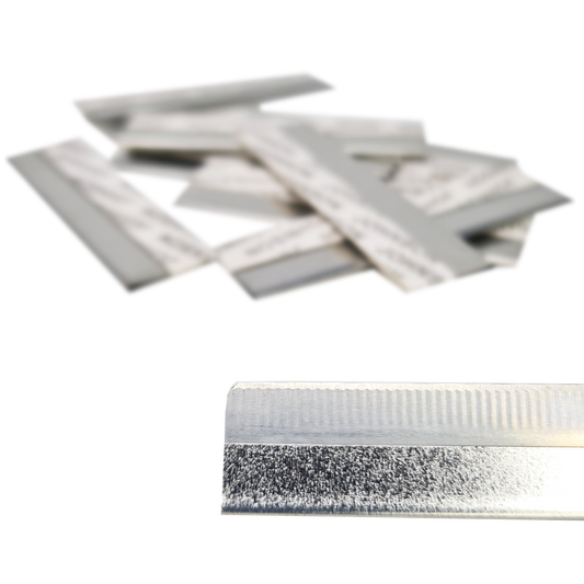 Flat eyebrow mapping pencil sharpening razors used to shave pre-draw brow pencils into a razor-thin, flat edge for precise brow mapping.