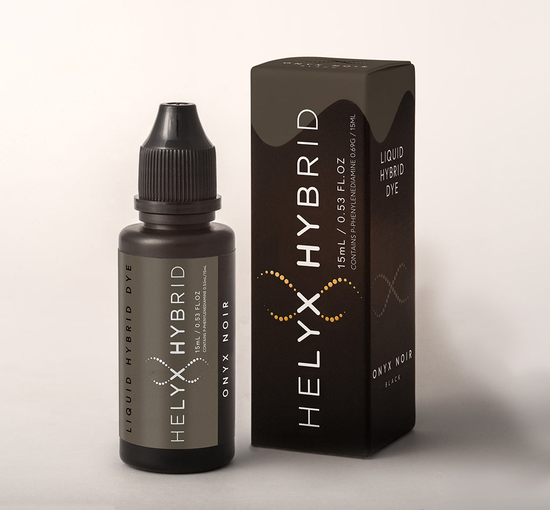Helyx Hybrid Dye tubes in a range of shades for eyebrow and eyelash tinting with skin staining effects.