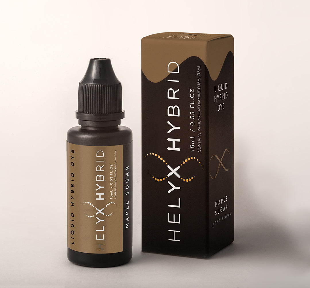 Helyx Hybrid Dye tubes in a range of shades for eyebrow and eyelash tinting with skin staining effects.
