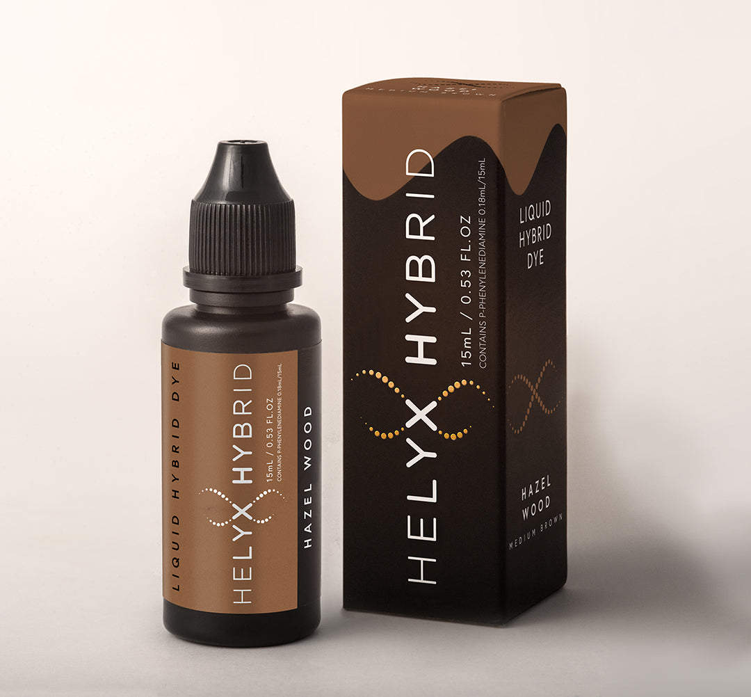 Helyx Hybrid Dye tubes in a range of shades for eyebrow and eyelash tinting with skin staining effects.