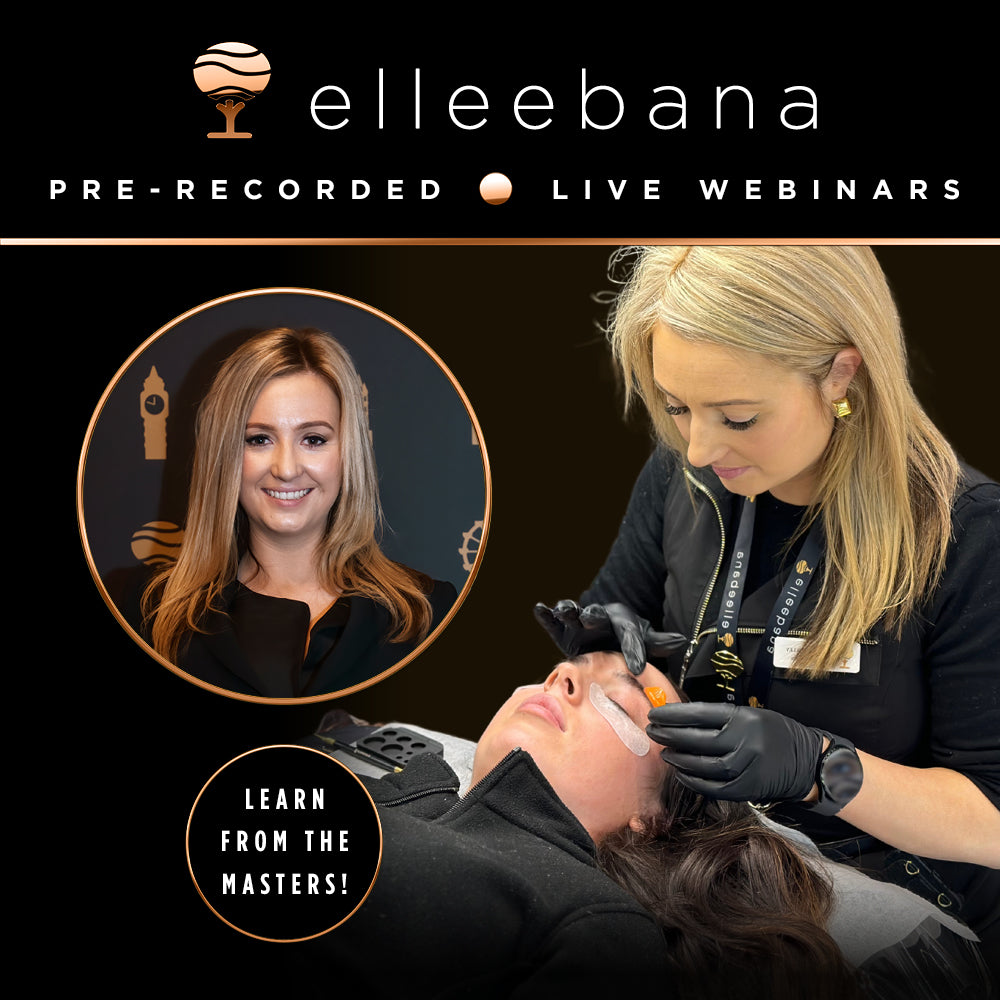 Promotional graphic for the Elleebana online webinar "Is Flipping the Lid Affecting My Lash Lift Results?", presented by Master Educator Amie Buckley, covering troubleshooting lid flipping, fixing lash bends, and achieving seamless lash lifts.