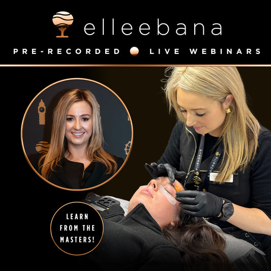 Promotional graphic for the Elleebana online webinar "Is Flipping the Lid Affecting My Lash Lift Results?", presented by Master Educator Amie Buckley, covering troubleshooting lid flipping, fixing lash bends, and achieving seamless lash lifts.