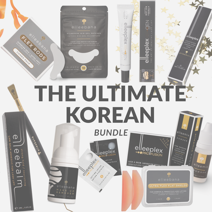 Korean Lash Lift Bundles displayed together, showcasing Ultra Flat Shields, Elleemix Powder, Elleeplex ProFusion lotion packs, flex rods, gold lifting tool, and lash care essentials.