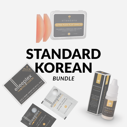 Korean Lash Lift Bundles displayed together, showcasing Ultra Flat Shields, Elleemix Powder, Elleeplex ProFusion lotion packs, flex rods, gold lifting tool, and lash care essentials.