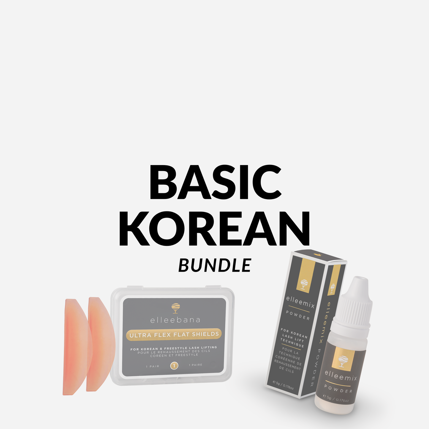 Korean Lash Lift Bundles displayed together, showcasing Ultra Flat Shields, Elleemix Powder, Elleeplex ProFusion lotion packs, flex rods, gold lifting tool, and lash care essentials.