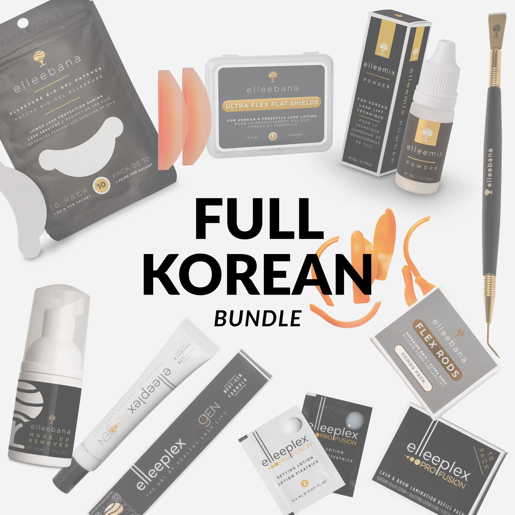 Korean Lash Lift Bundles displayed together, showcasing Ultra Flat Shields, Elleemix Powder, Elleeplex ProFusion lotion packs, flex rods, gold lifting tool, and lash care essentials.