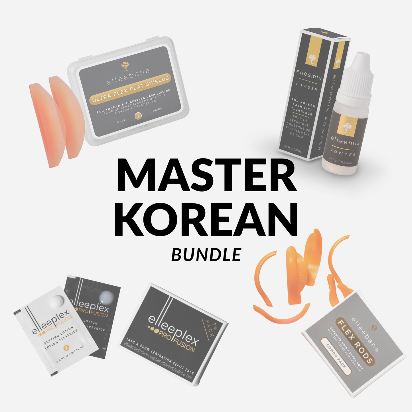 Korean Lash Lift Bundles displayed together, showcasing Ultra Flat Shields, Elleemix Powder, Elleeplex ProFusion lotion packs, flex rods, gold lifting tool, and lash care essentials.